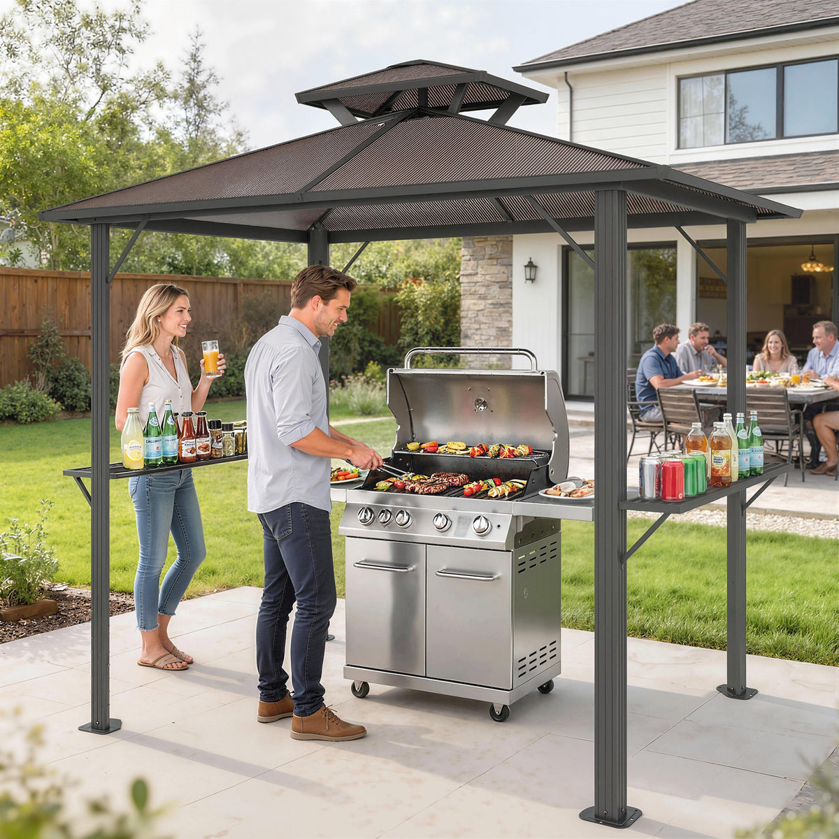 2.5 x 1.5 m Hardtop BBQ Grill Gazebo with 2 Shelves, Brown