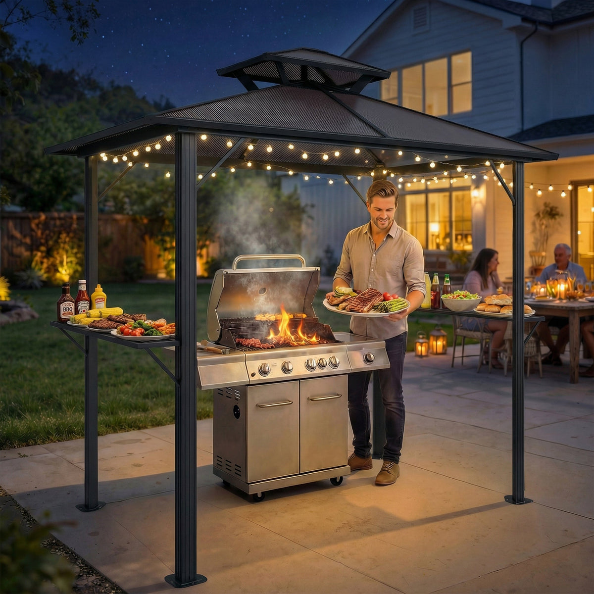 2.5 x 1.5 m Hardtop BBQ Grill Gazebo with 2 Shelves, Brown