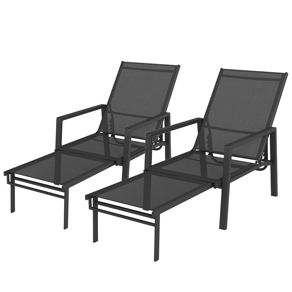 Set of 2 Adjustable Sun Loungers with Retractable Footrest, Steel Frame, Black