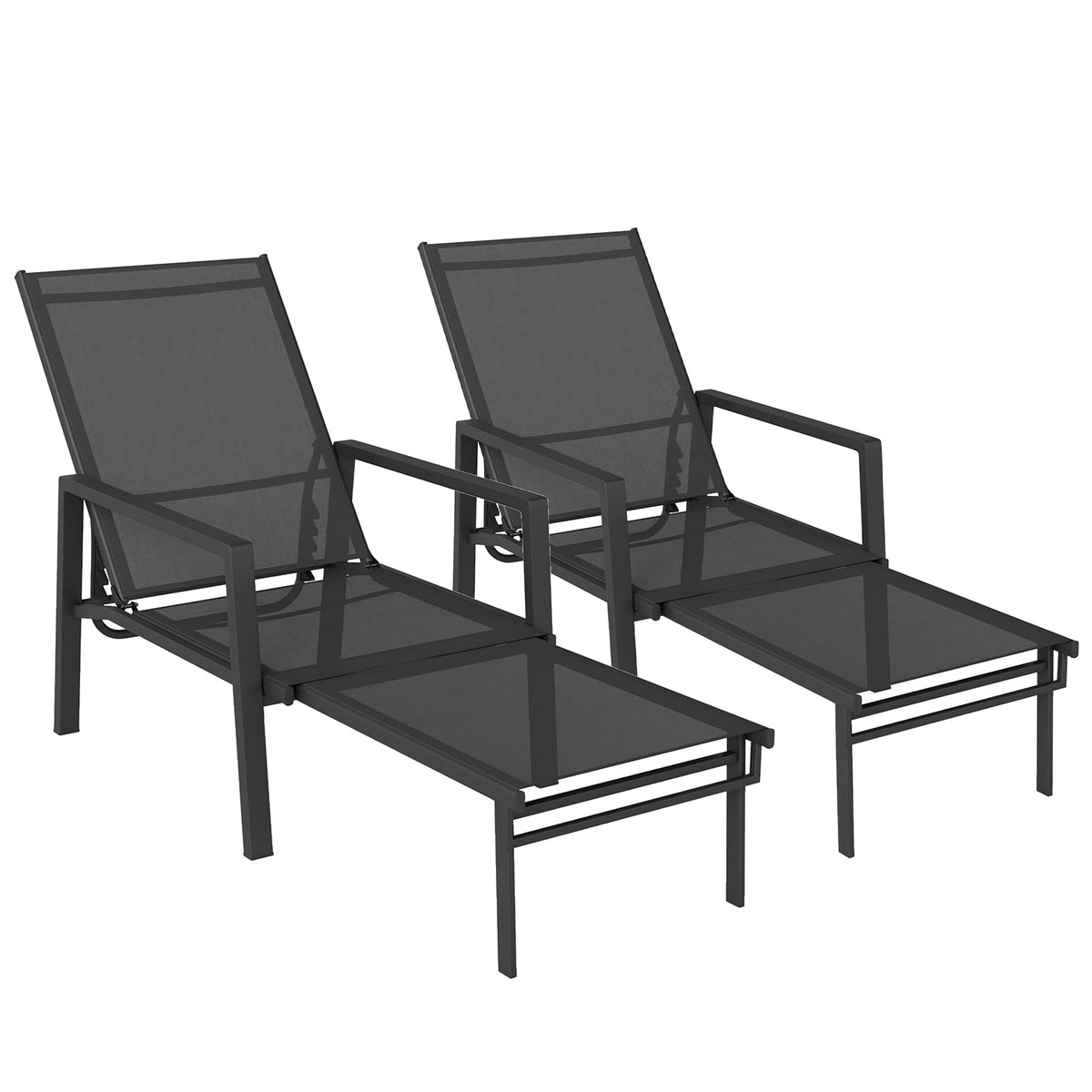 Set of 2 Adjustable Sun Loungers with Retractable Footrest, Steel Frame, Black