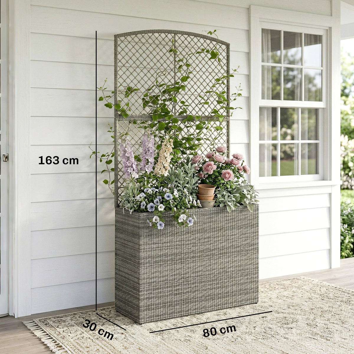 Rattan Planter with Trellis for Climbing Plants, 80 x 30 x 163 cm, Dark Grey