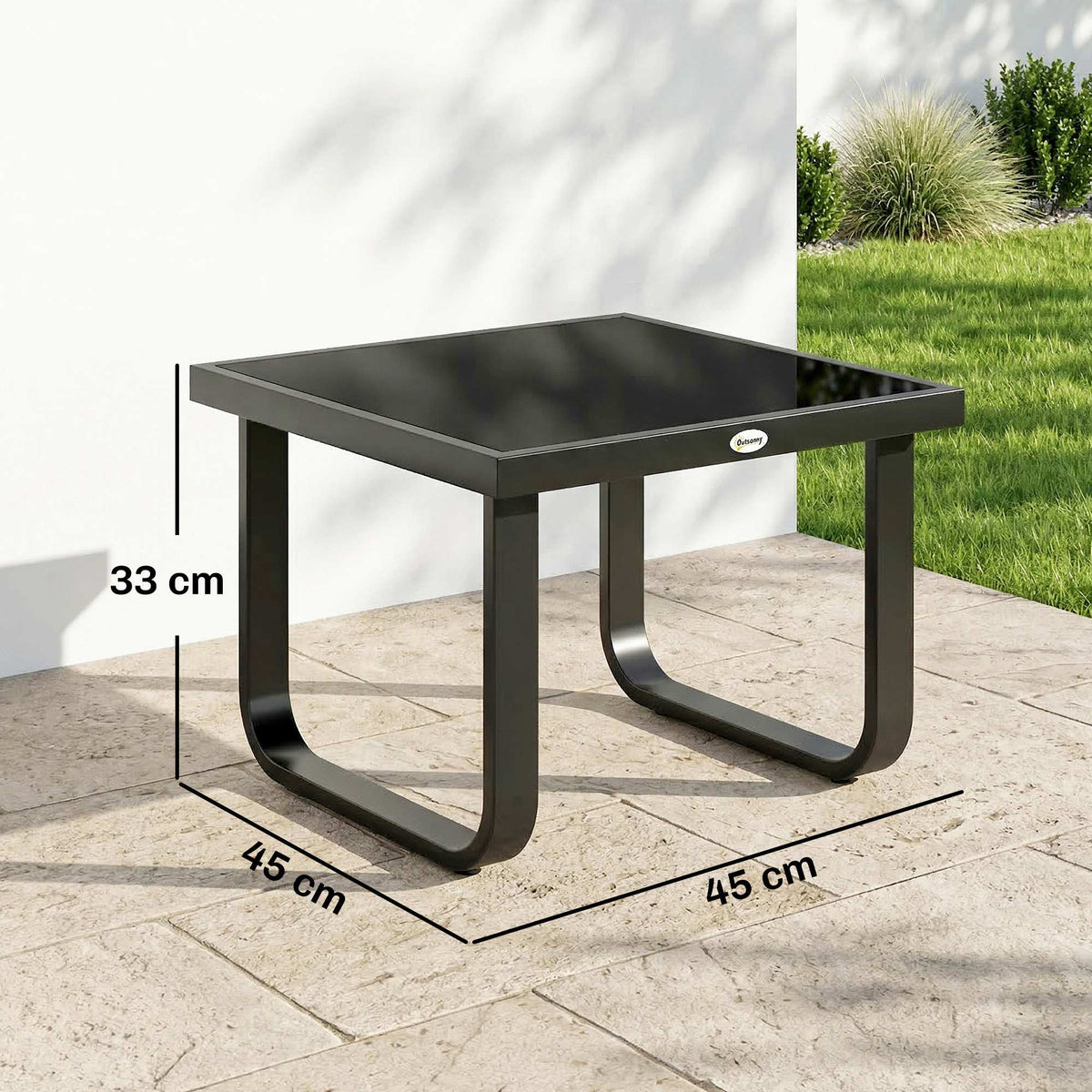 Metal Side Table with Tempered Glass Top & Adjustable Feet, 45x45x33 cm, Black