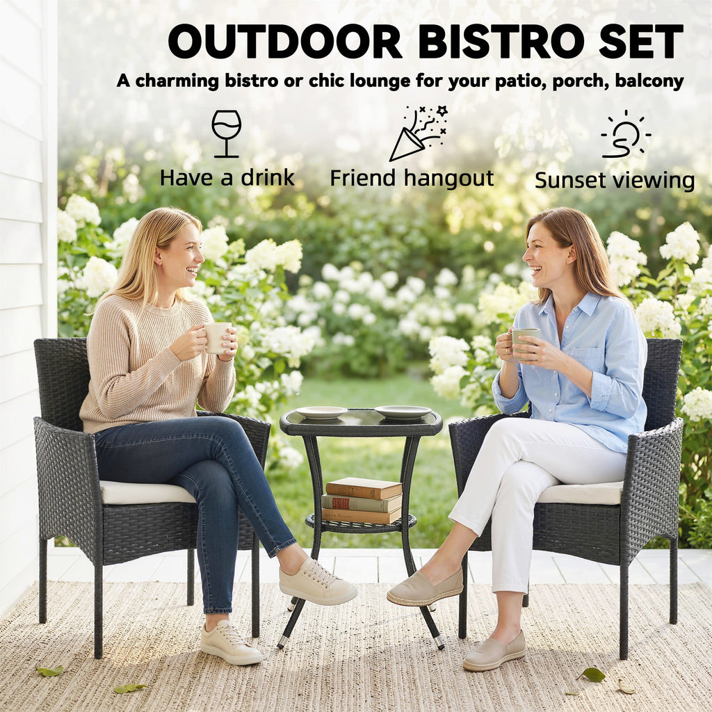 3-Piece PE Wicker Bistro Set with 2-Tier Glass Table and Cushions, Cream White