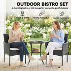 3-Piece PE Wicker Bistro Set with 2-Tier Glass Table and Cushions, Cream White