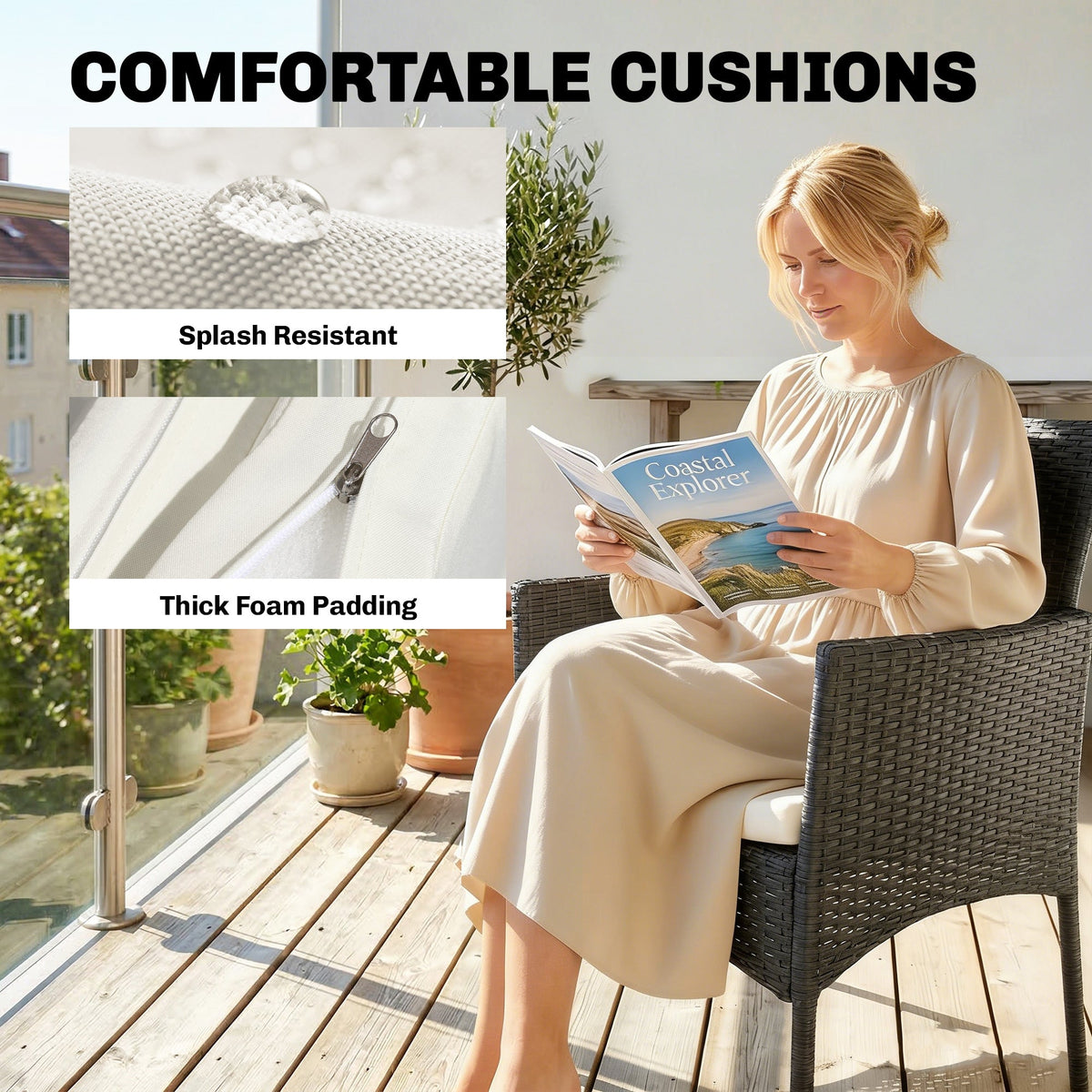 3-Piece PE Wicker Bistro Set with 2-Tier Glass Table and Cushions, Cream White