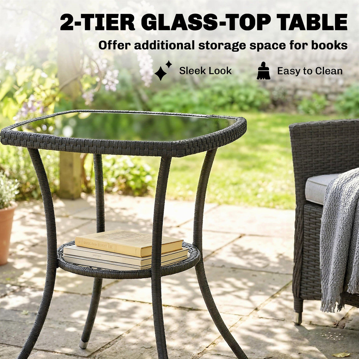 3-Piece PE Wicker Bistro Set with 2-Tier Glass Table and Cushions, Cream White