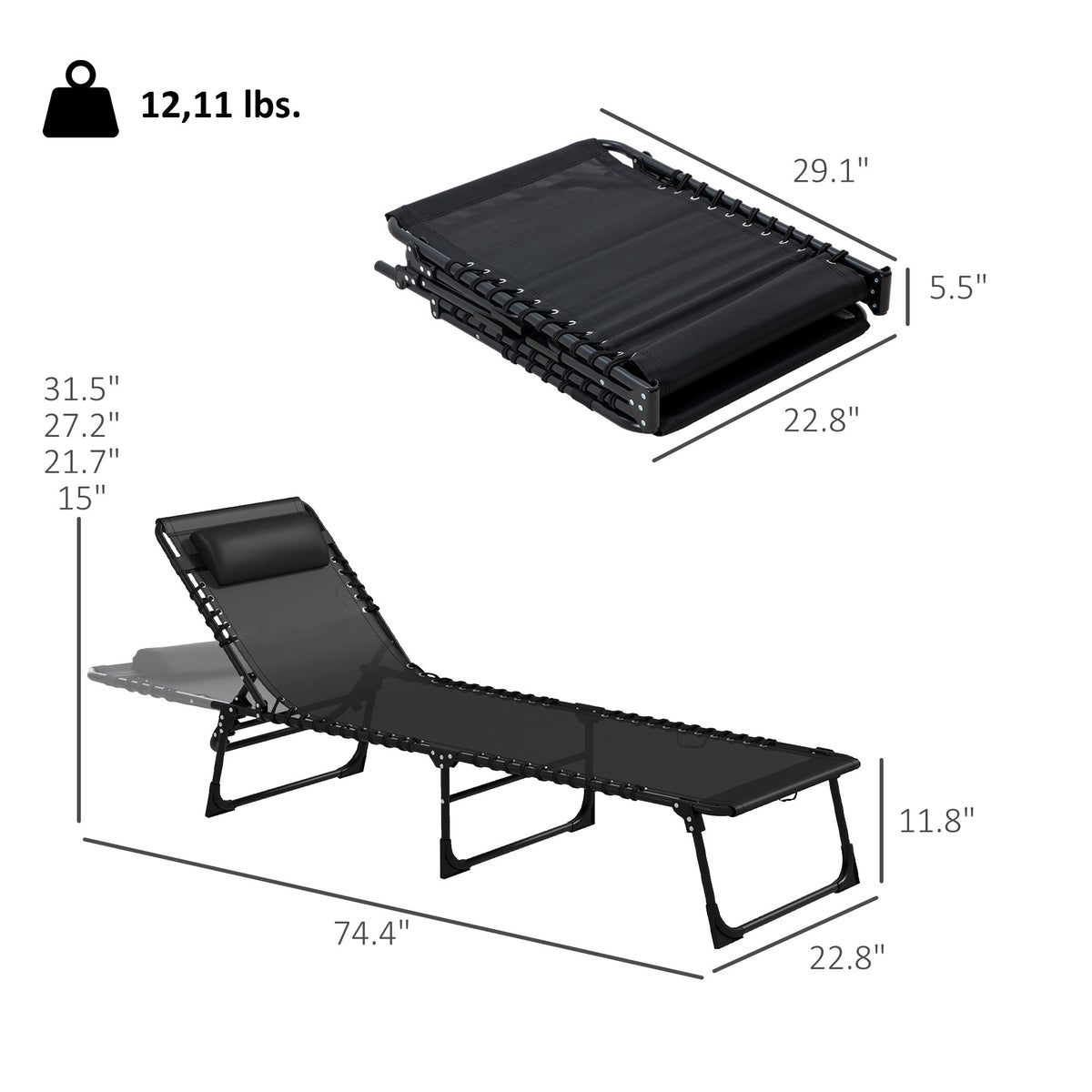 2-Piece Folding Chaise Lounge Set for Poolside or Beach, Black