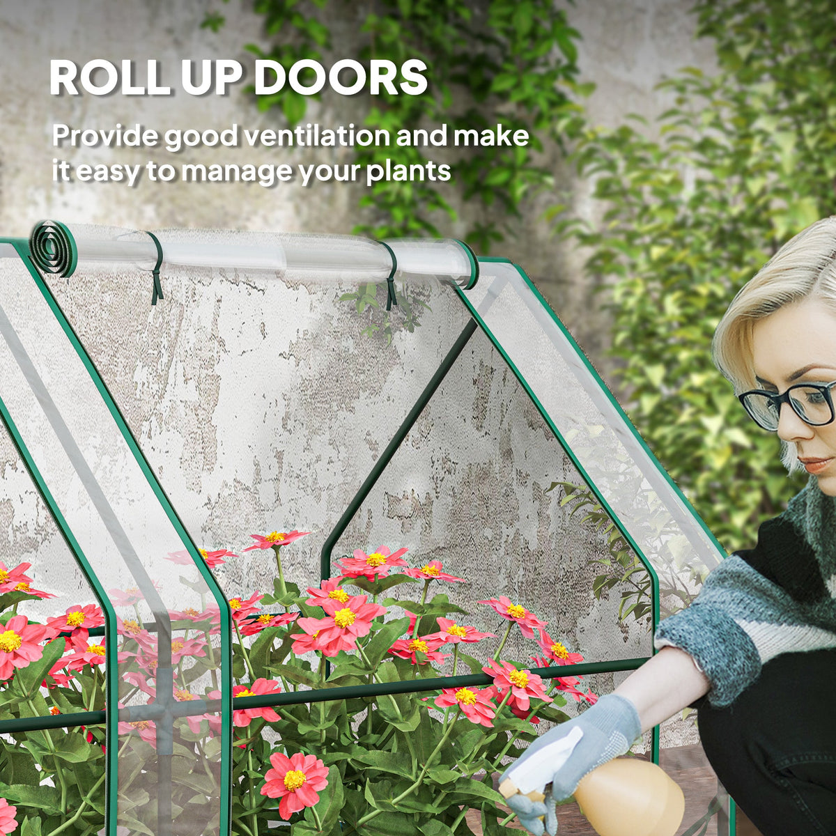 Mini Greenhouse with Zippered Doors & Roll-up Windows,