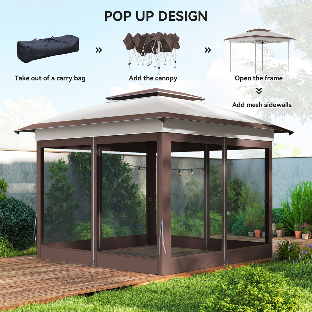 12' x 12' Pop-Up Canopy with Mesh Sidewalls, Adjustable Height, Beige Dark Brown
