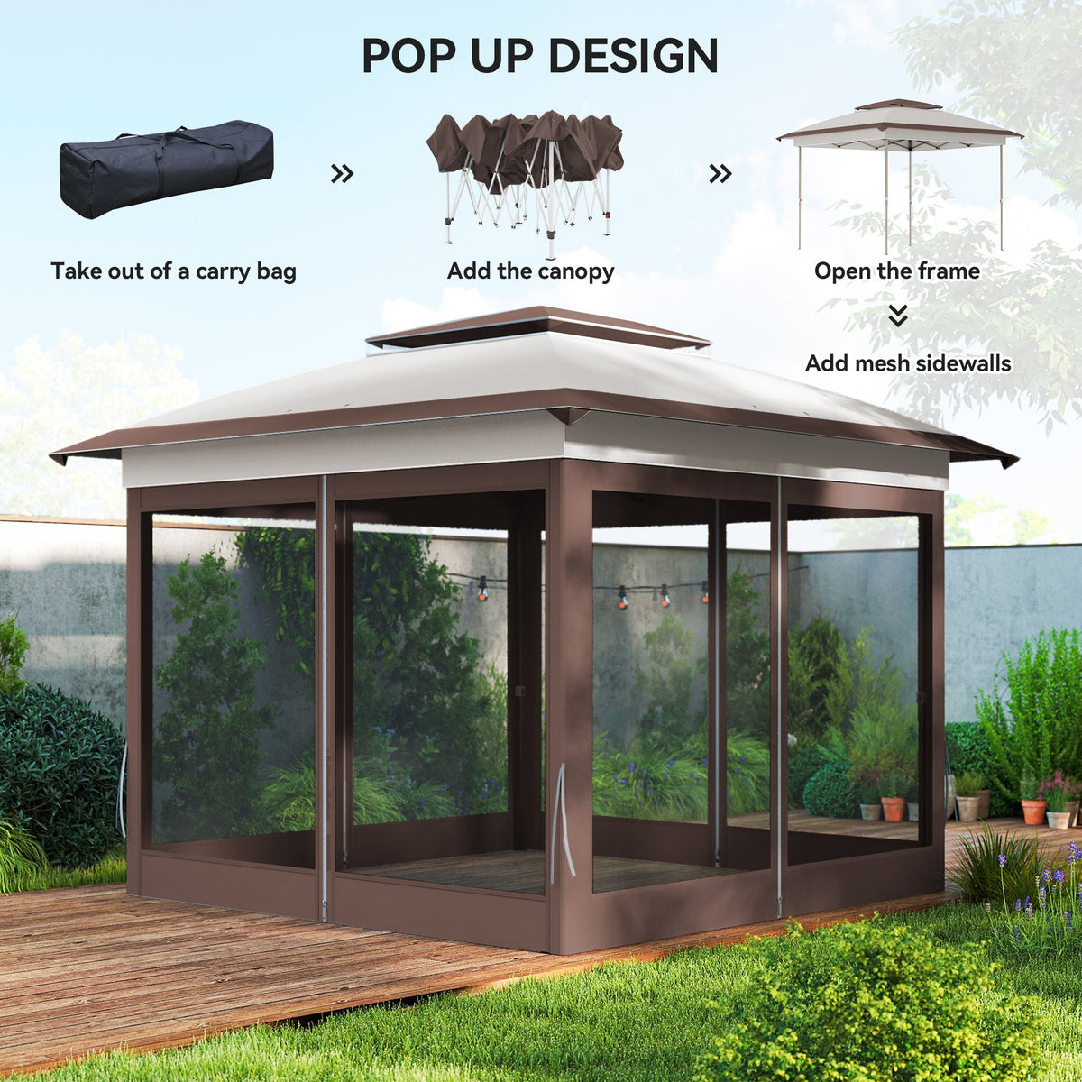 12' x 12' Pop-Up Canopy with Mesh Sidewalls, Adjustable Height, Beige Dark Brown
