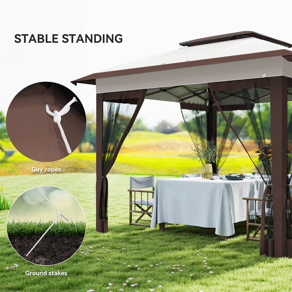 12' x 12' Pop-Up Canopy with Mesh Sidewalls, Adjustable Height, Beige Dark Brown