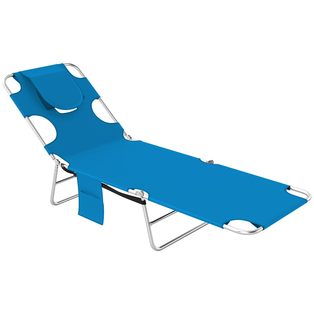 Folding Lounge Chair with Face Hole, Side Pocket and Strap, Blue