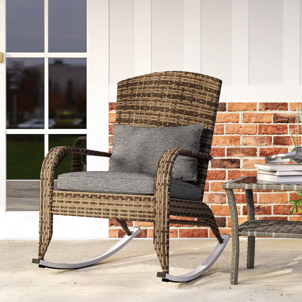 Wicker Adirondack Rocking Chair with Cushion and Pillow, Grey/Mixed Yellow