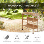 Wooden Potting Bench with Metal Top, Shelf and Hooks, Natural