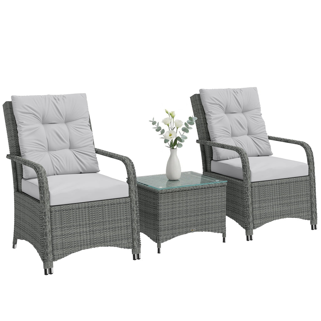 3-Piece Rattan Bistro Set with Metal Frame, Glass Table and Cushions, Light Grey