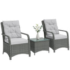 3-Piece Rattan Bistro Set with Metal Frame, Glass Table and Cushions, Light Grey