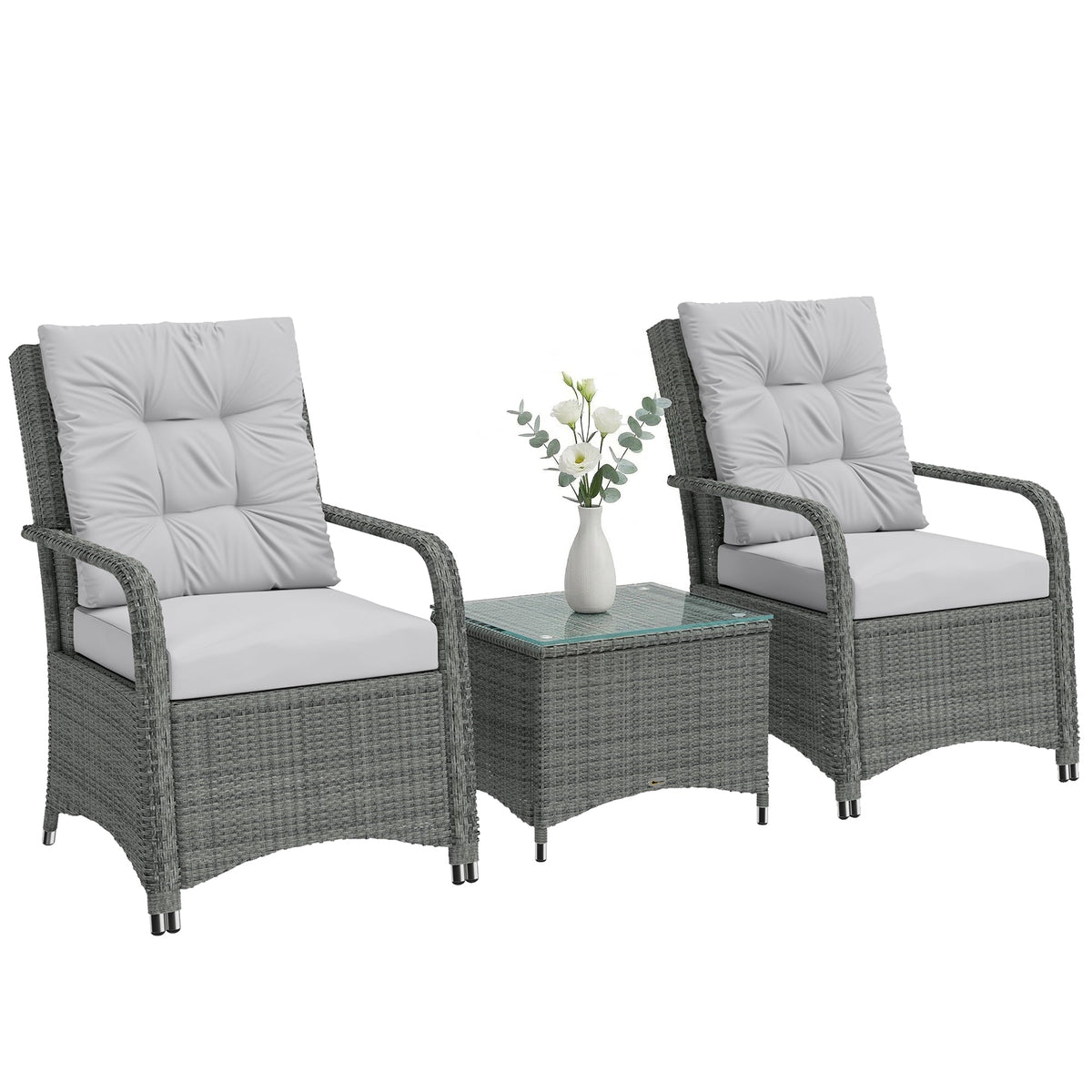 3-Piece Rattan Bistro Set with Metal Frame, Glass Table and Cushions, Light Grey