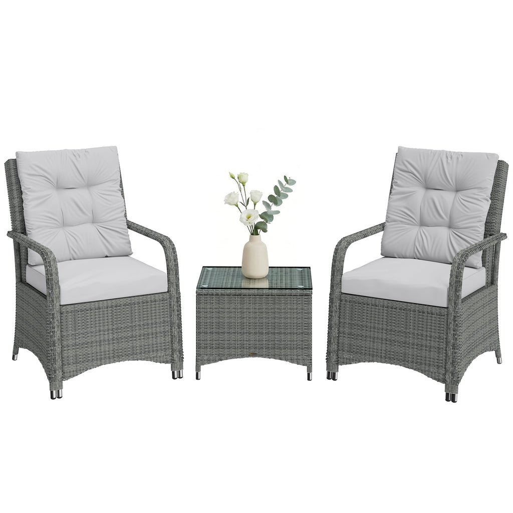 3-Piece Rattan Bistro Set with Metal Frame, Glass Table and Cushions, Light Grey