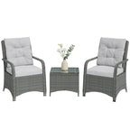 3-Piece Rattan Bistro Set with Metal Frame, Glass Table and Cushions, Light Grey