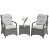 3-Piece Rattan Bistro Set with Metal Frame, Glass Table and Cushions, Light Grey