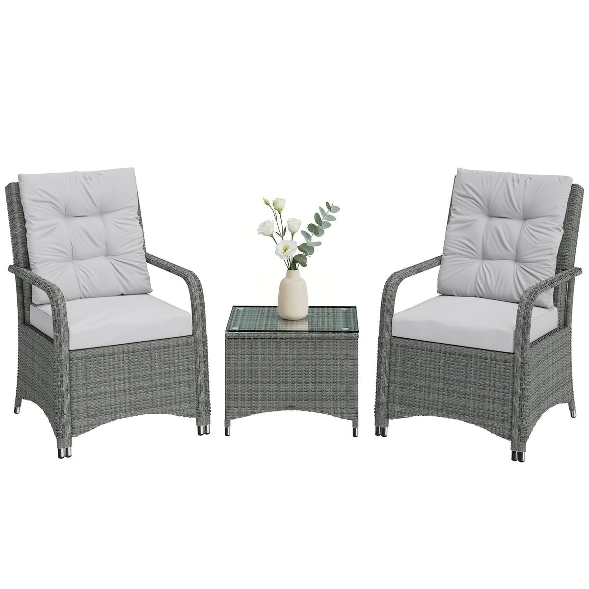 3-Piece Rattan Bistro Set with Metal Frame, Glass Table and Cushions, Light Grey