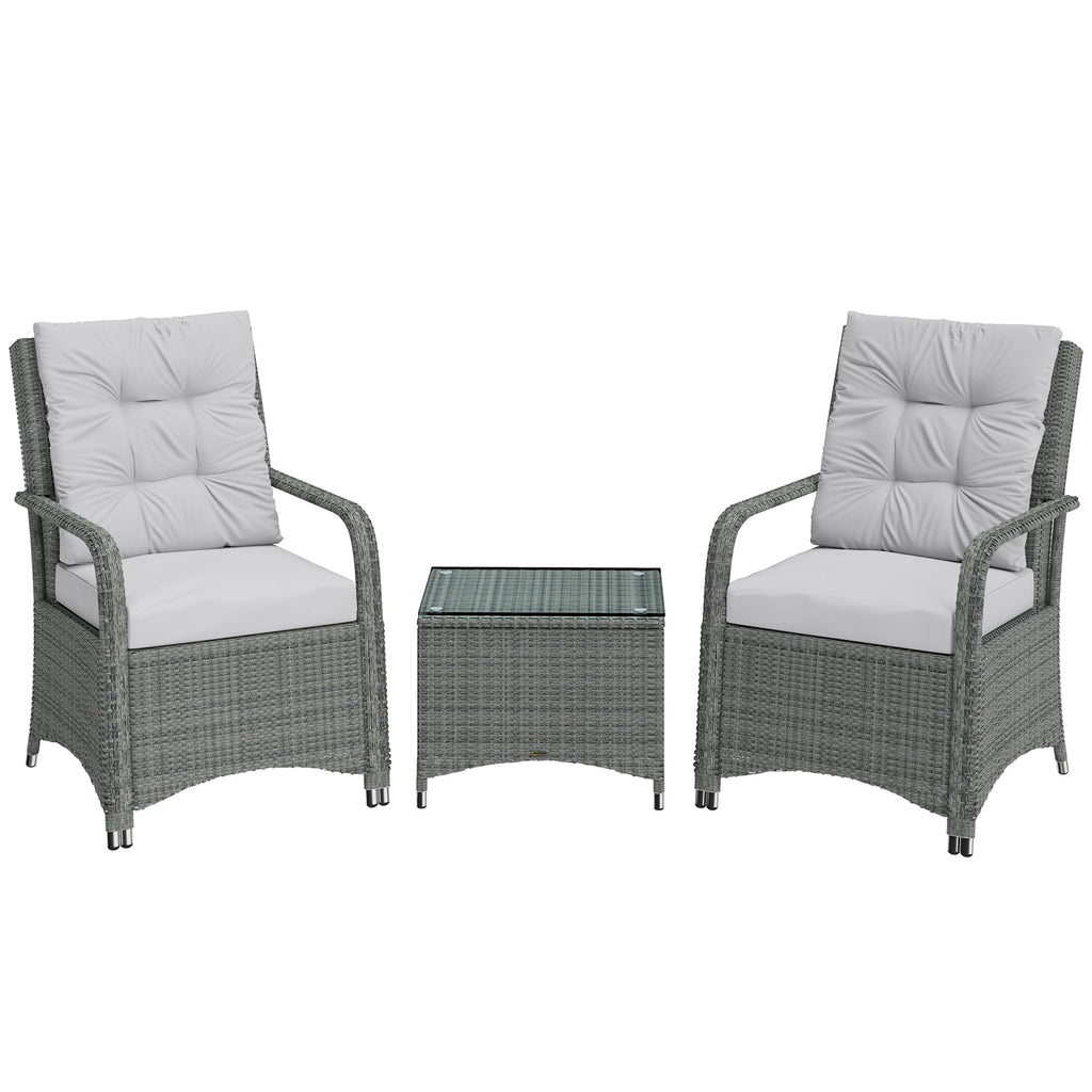 3-Piece Rattan Bistro Set with Metal Frame, Glass Table and Cushions, Light Grey