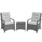 3-Piece Rattan Bistro Set with Metal Frame, Glass Table and Cushions, Light Grey