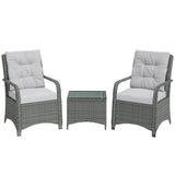 3-Piece Rattan Bistro Set with Metal Frame, Glass Table and Cushions, Light Grey