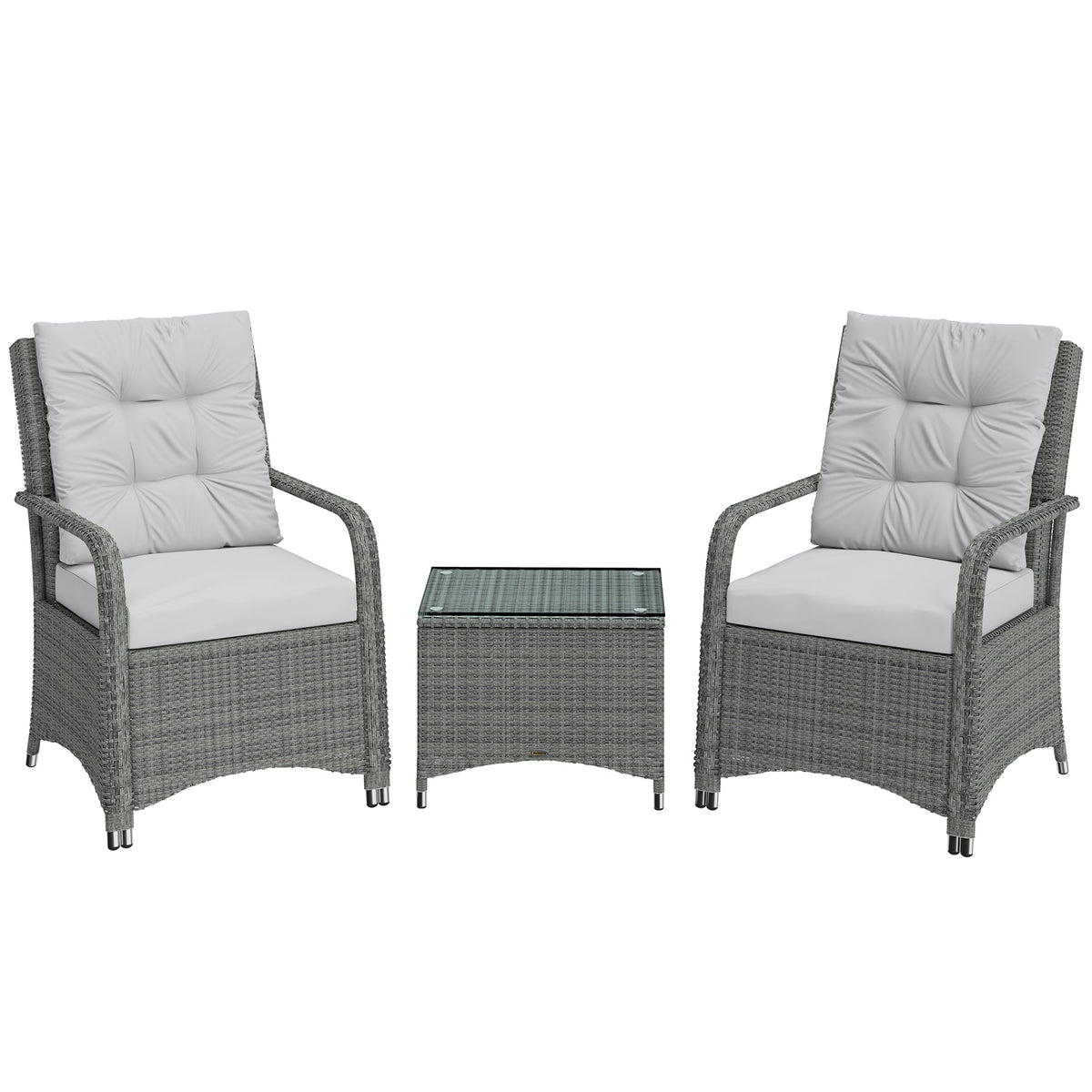 3-Piece Rattan Bistro Set with Metal Frame, Glass Table and Cushions, Light Grey
