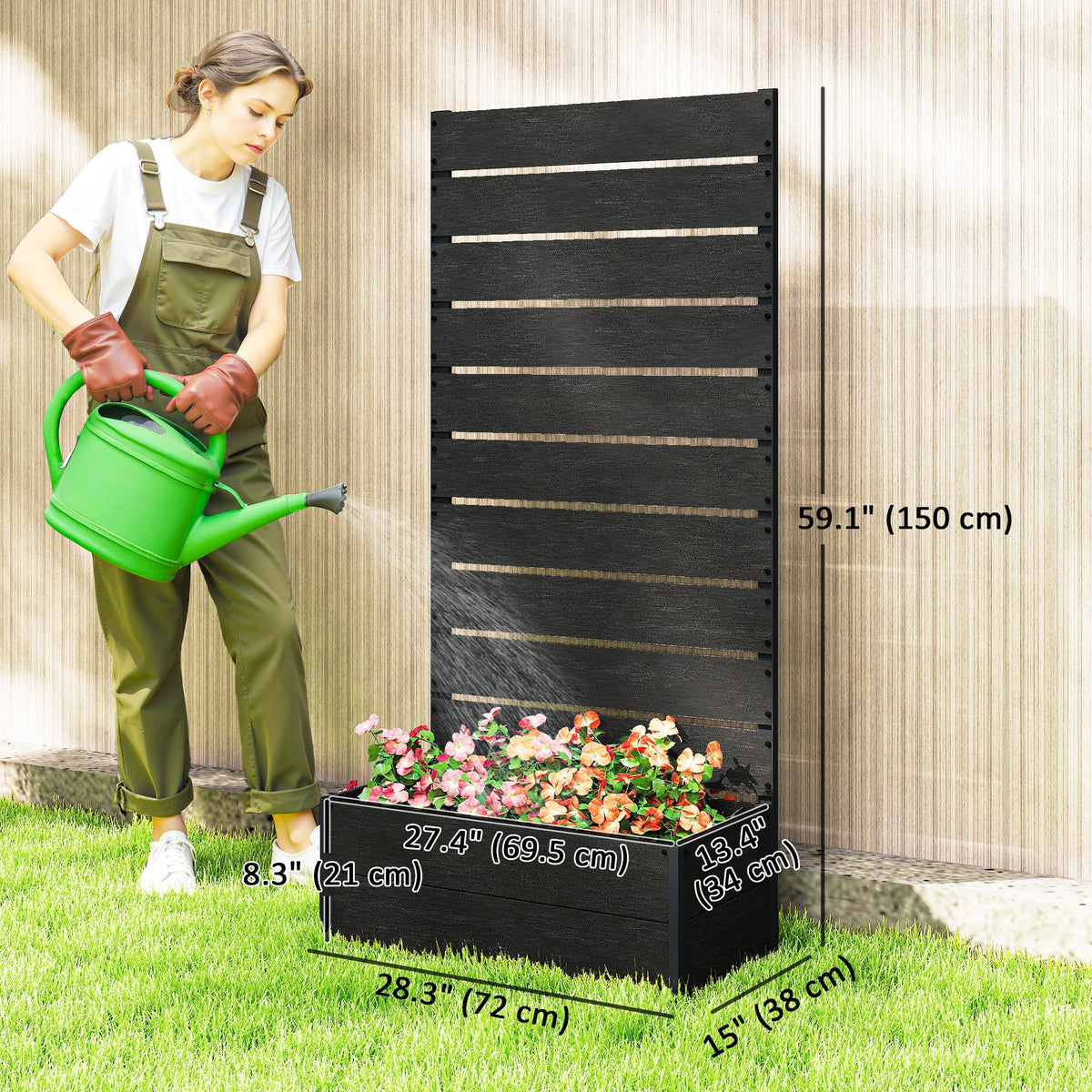 28" x 15" x 59" Raised Garden Bed with Trellis and Drain Gap, Black