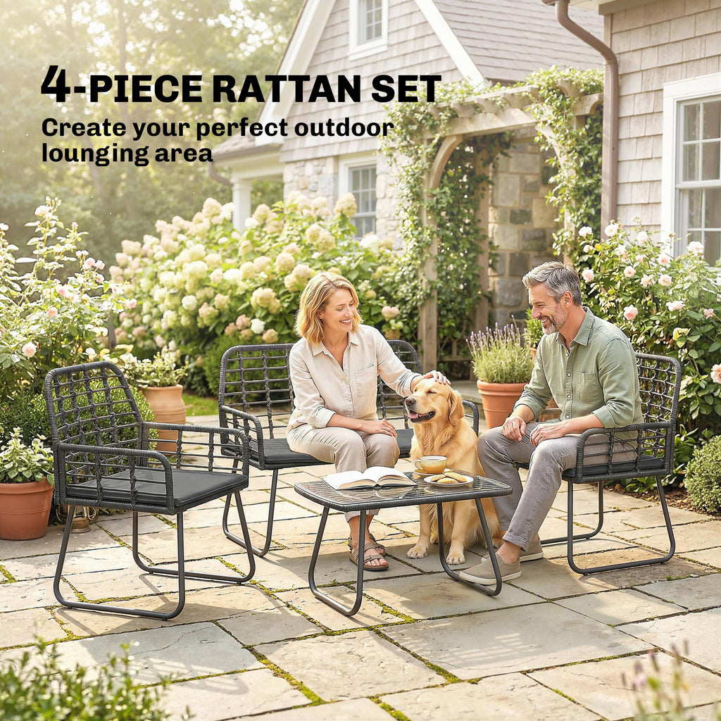 4 Piece Rattan Garden Furniture Set with Loveseat and Coffee Table, Black