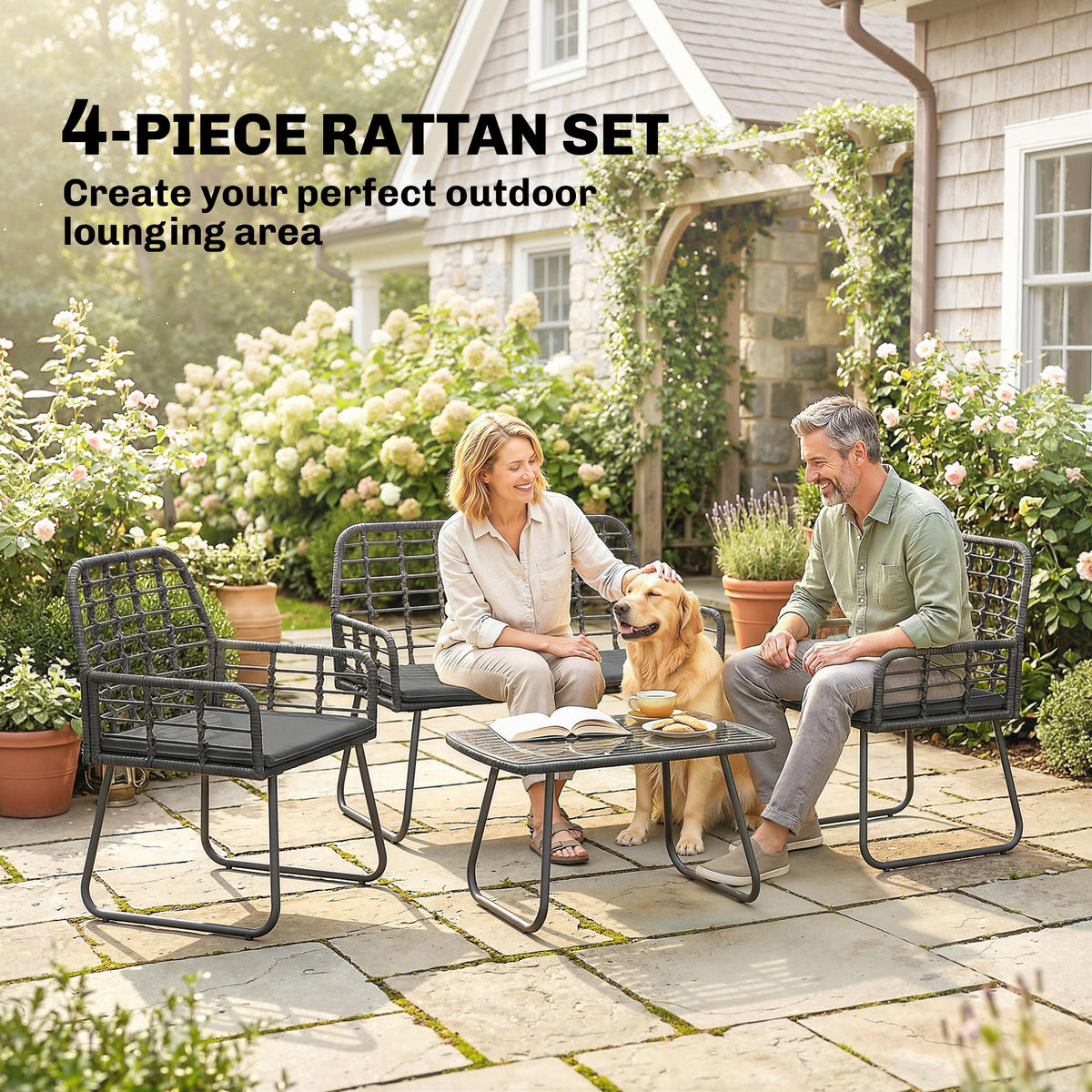 4 Piece Rattan Garden Furniture Set with Loveseat and Coffee Table, Black