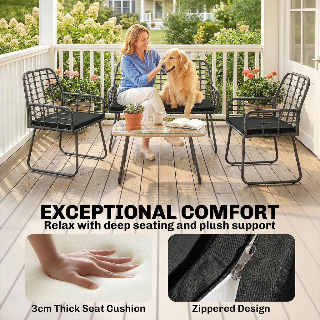 4 Piece Rattan Garden Furniture Set with Loveseat and Coffee Table, Black