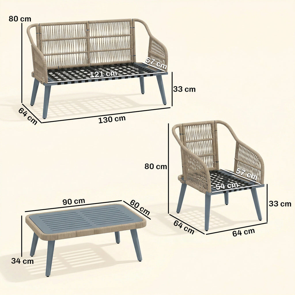 ARVOYA 4-Piece Rattan Conversation Set with Loveseat, 2 Armchairs & Acacia Table, Grey