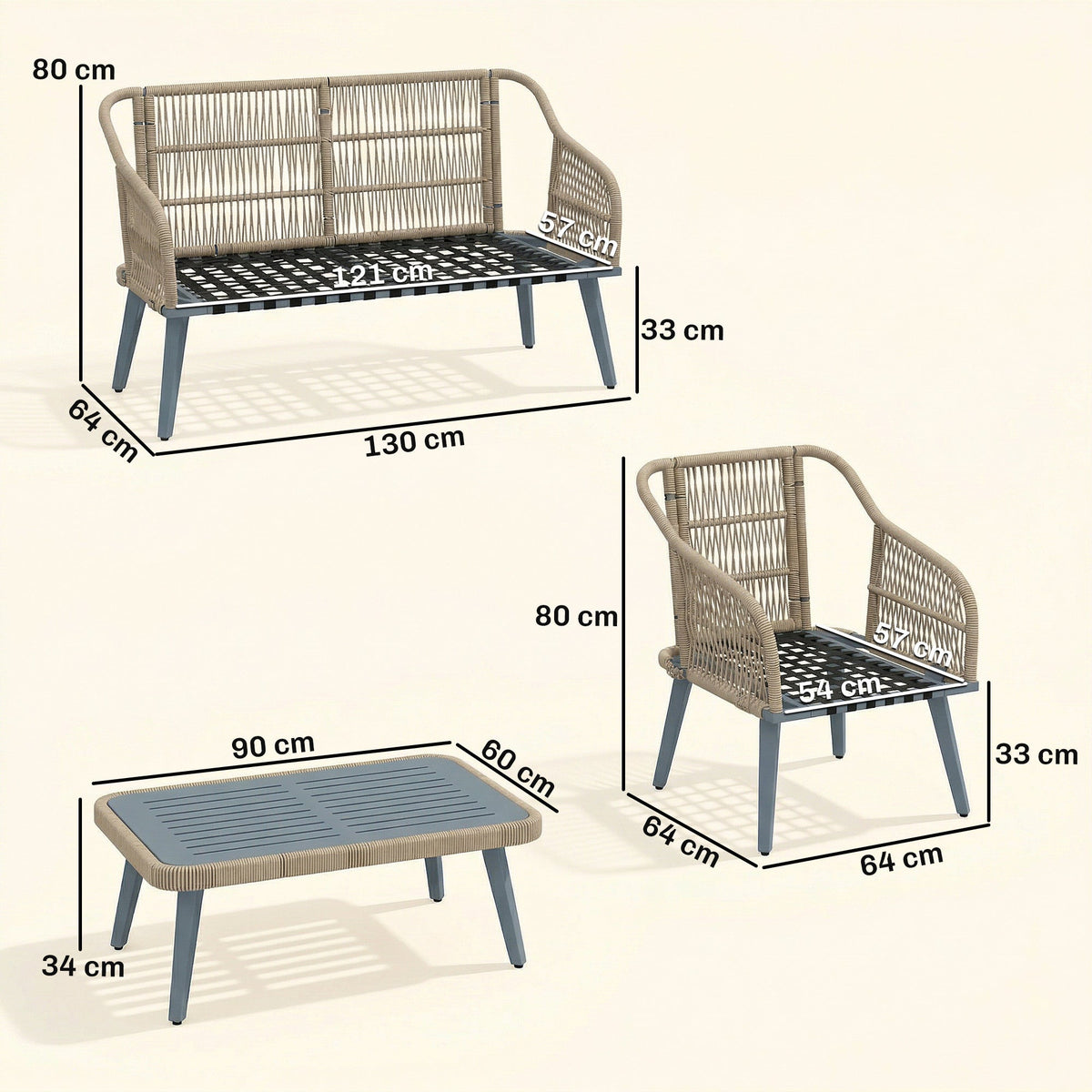 ARVOYA 4-Piece Rattan Conversation Set with Loveseat, 2 Armchairs & Acacia Table, Grey