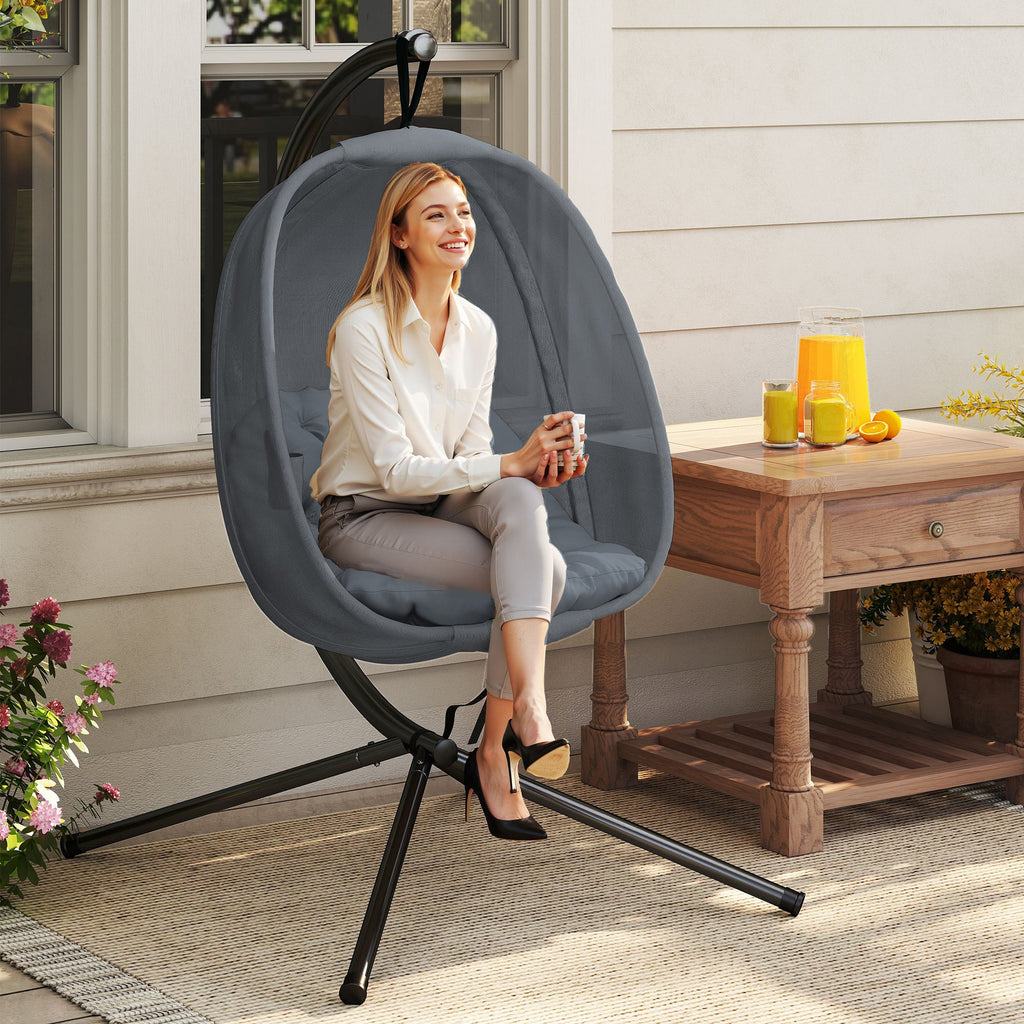 Hanging Egg Chair, Outdoor Indoor Swing Chair with Stand, Folding Basket and Thickened Cushion for Patio, Garden, Balcony, Grey