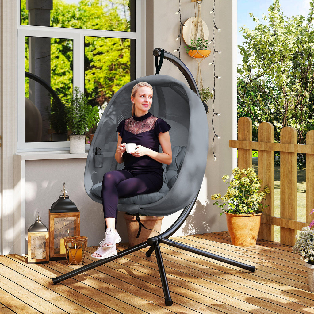 Hanging Egg Chair, Outdoor Indoor Swing Chair with Stand, Folding Basket and Thickened Cushion for Patio, Garden, Balcony, Grey