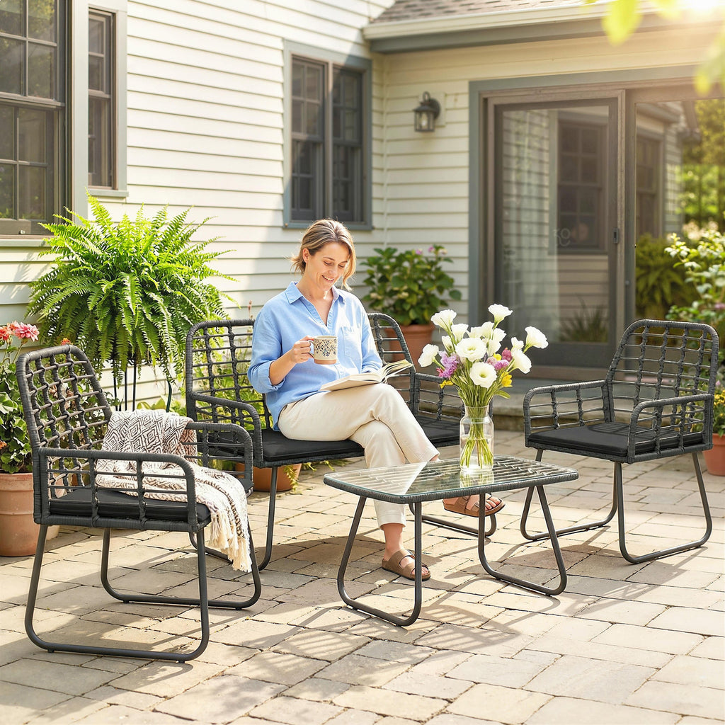 4 Piece Rattan Garden Furniture Set with Loveseat and Coffee Table, Black