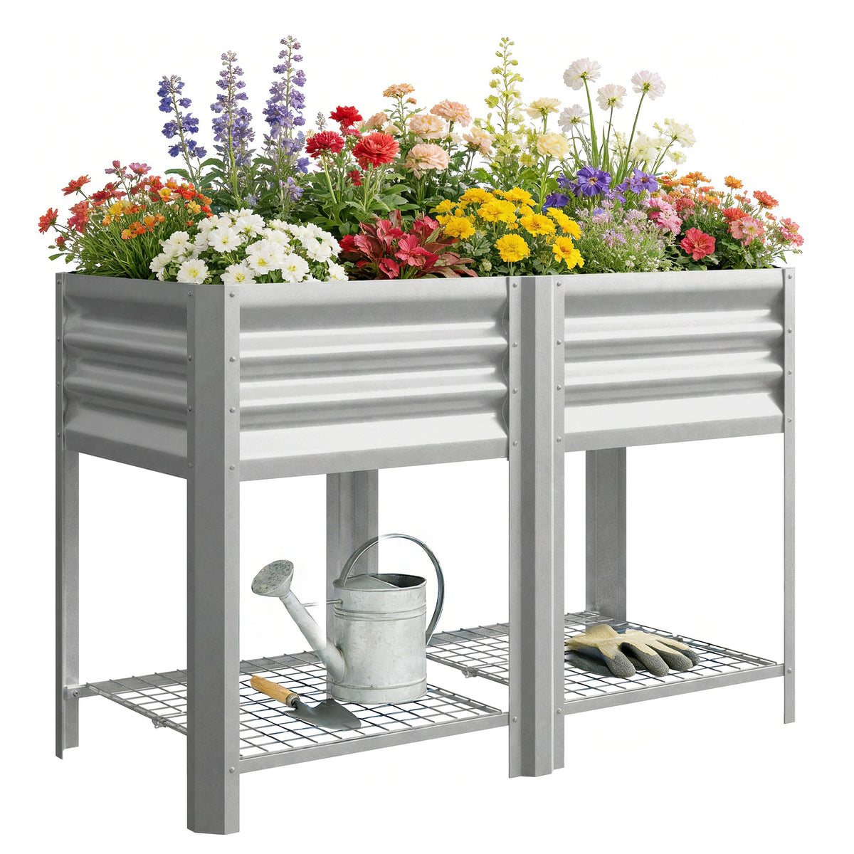 Galvanized Steel Raised Garden Bed with Legs and Storage Shelf, Silver