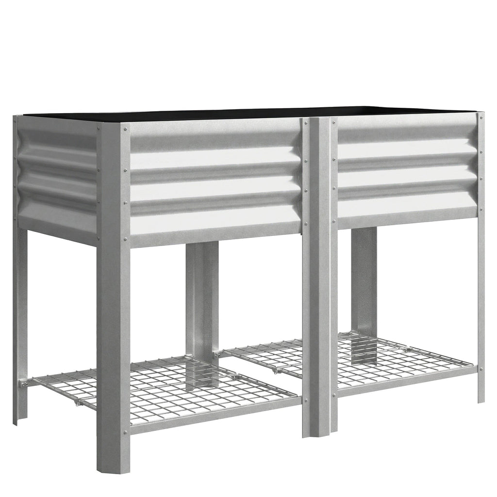 Galvanized Steel Raised Garden Bed with Legs and Storage Shelf, Silver