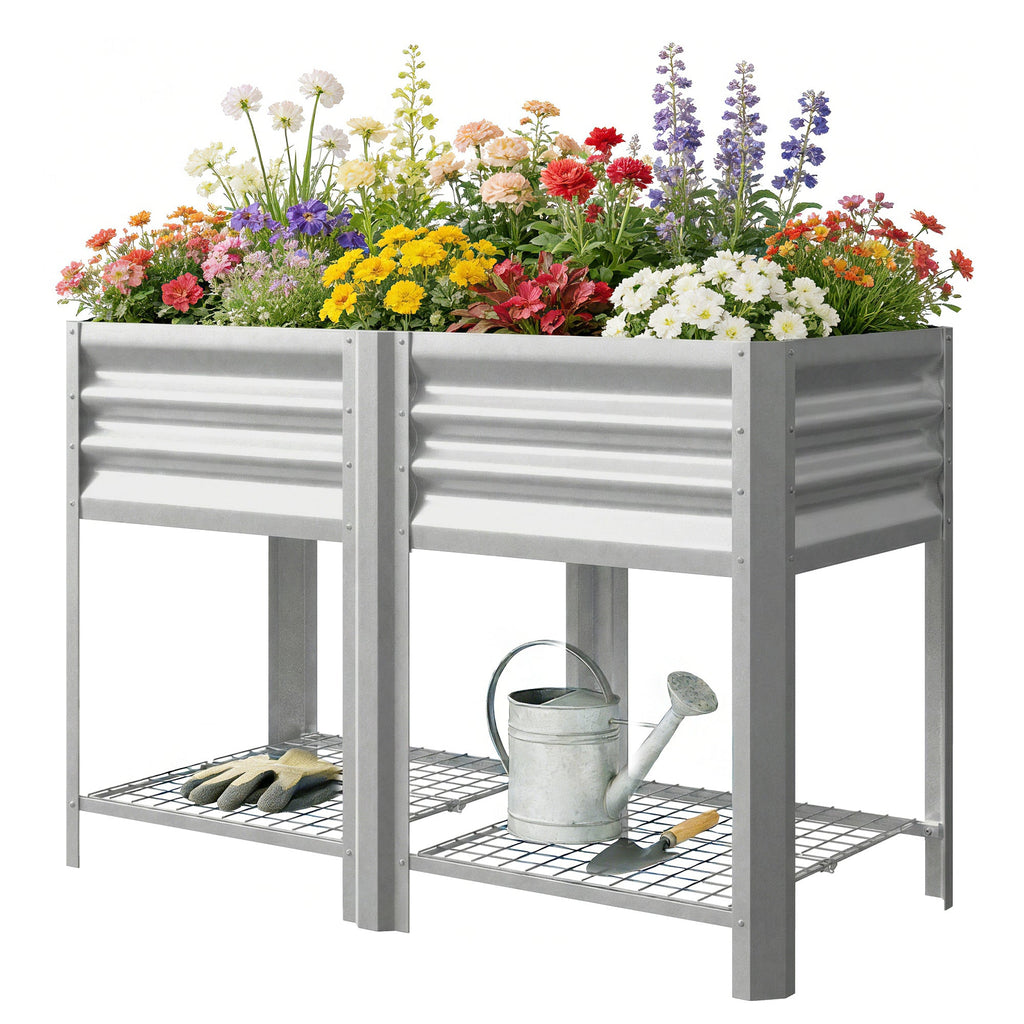 Galvanized Steel Raised Garden Bed with Legs and Storage Shelf, Silver
