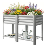 Galvanized Steel Raised Garden Bed with Legs and Storage Shelf, Silver