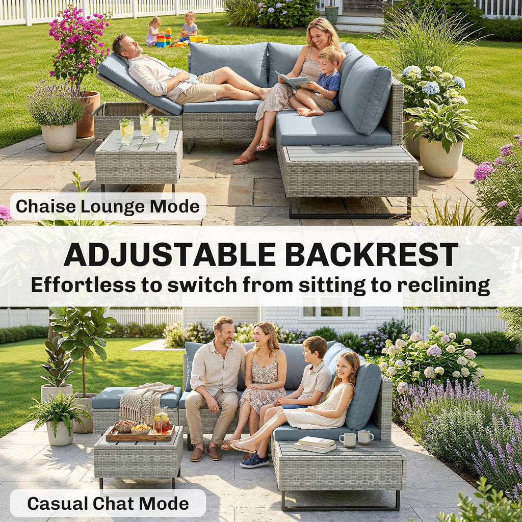 5-Seater Rattan Corner Sofa with Adjustable Backs, Table & Cushions, Grey