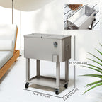 60 Quart Rolling Patio Cooler Cart with Shelf and Bottle Opener, Silver
