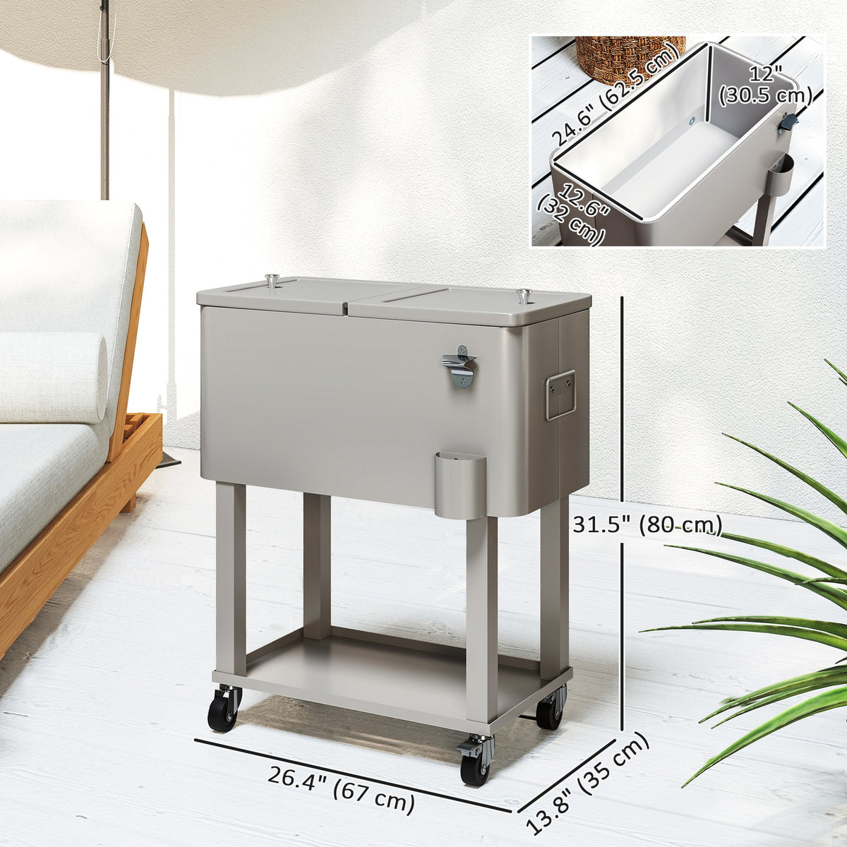 60 Quart Rolling Patio Cooler Cart with Shelf and Bottle Opener, Silver
