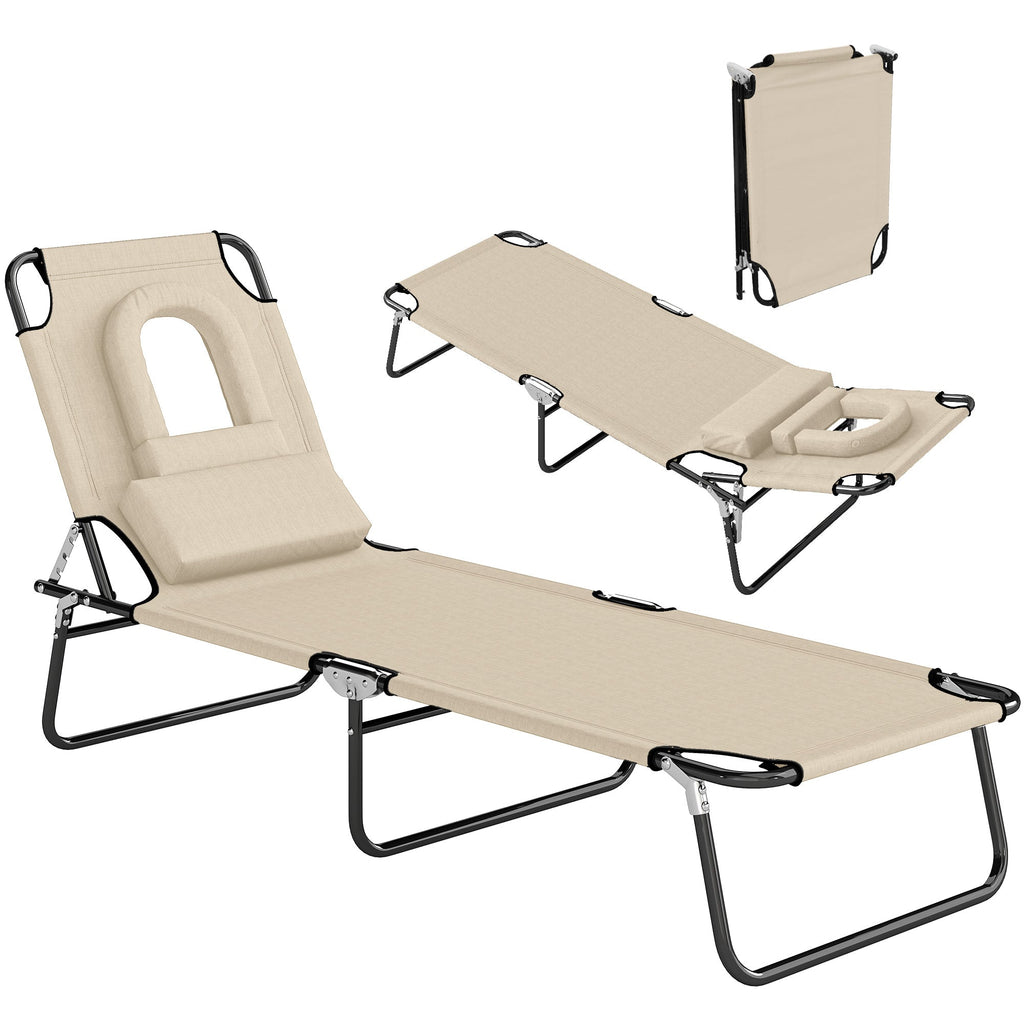 Folding Outdoor Lounge Chair with Face Hole and Pillow, Beige
