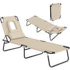 Folding Outdoor Lounge Chair with Face Hole and Pillow, Beige