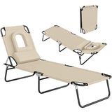 Folding Outdoor Lounge Chair with Face Hole and Pillow, Beige