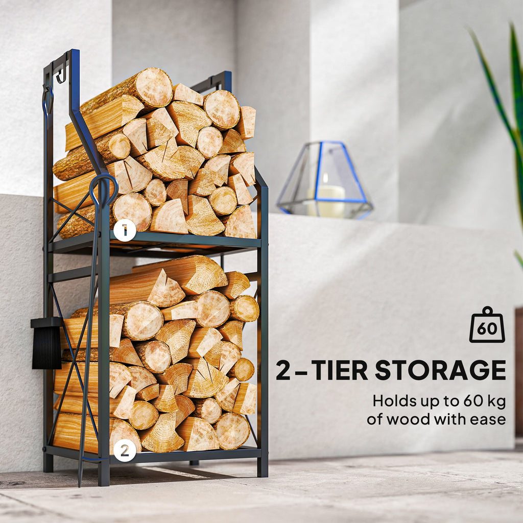 13 in 2-Tier Firewood Log Rack with Hooks & 4 Fireplace Tools, Black