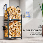 13 in 2-Tier Firewood Log Rack with Hooks & 4 Fireplace Tools, Black
